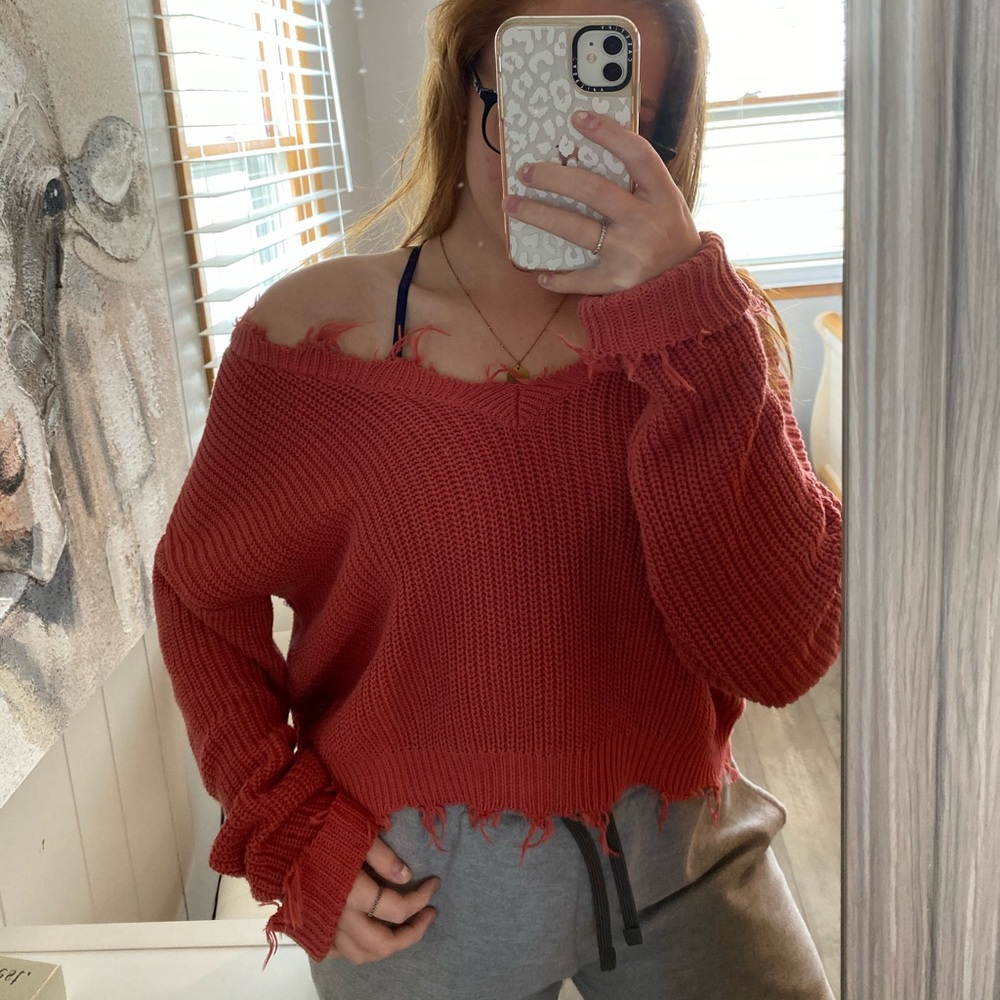 Forever 21 Distressed Off the Shoulder Sweater